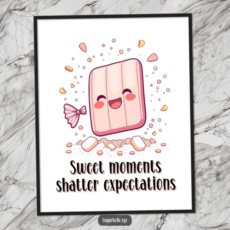 Free Printable Wall Art: A whimsical candy bar joyfully shatters into a cascade of glittering sugar particles.