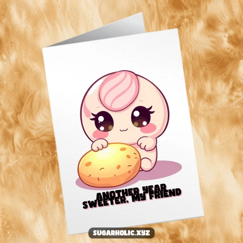 Funny Free Printable Birthday Card: A candy character with sparkly eyes intensely reaches for a radiant, tempting cookie, a sweet surprise.