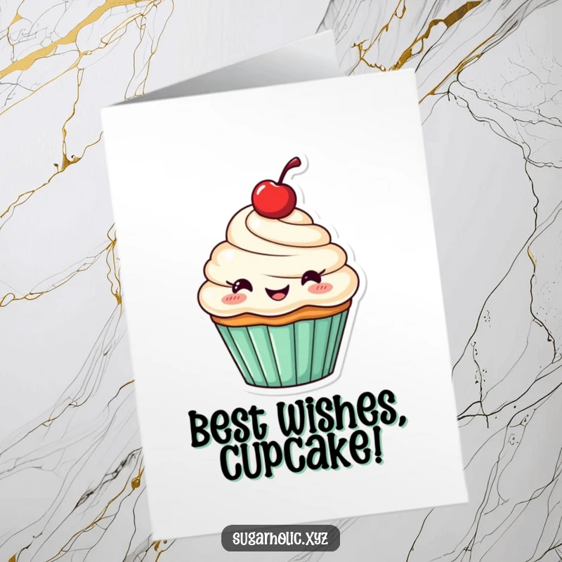 Funny Free Printable Birthday Card: A smiling cupcake with a cherry on top, enthusiastically cheering and celebrating.