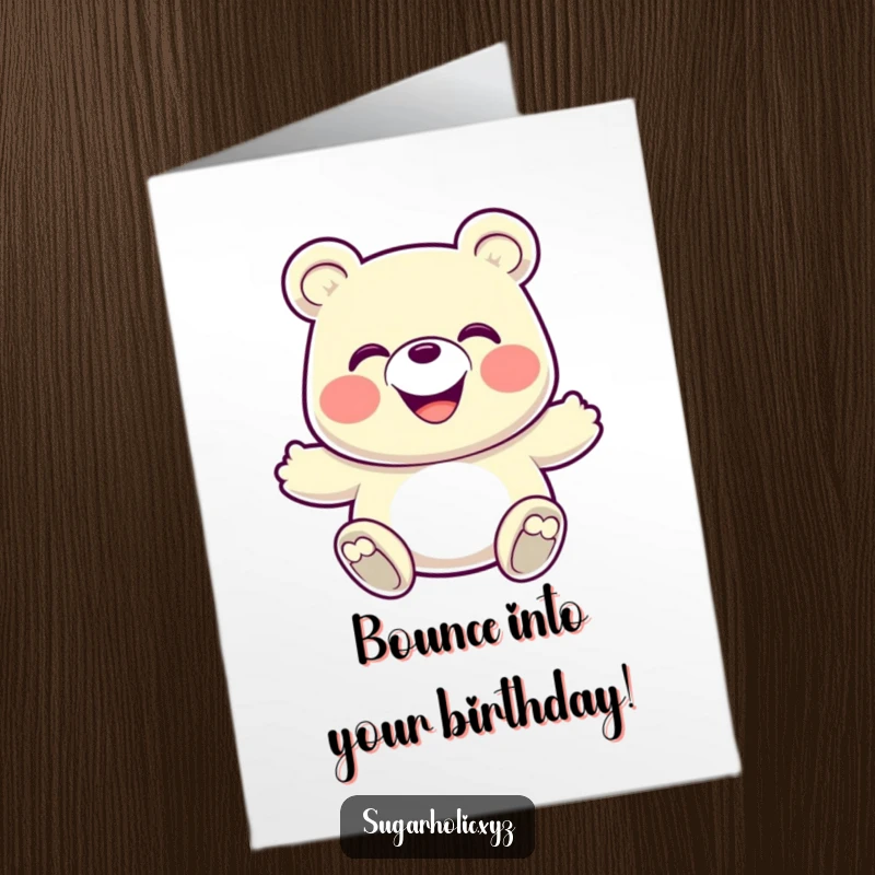 Funny Free Printable Birthday Card: A grinning gummy bear depicted in an energetic bounce, radiating pure, playful happiness.