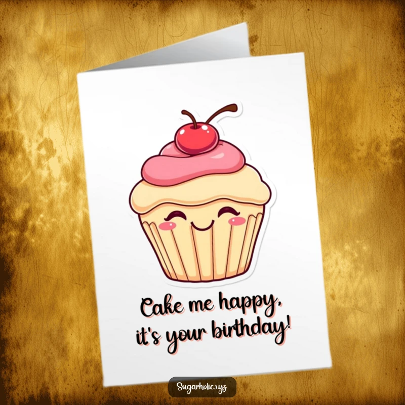 Funny Free Printable Birthday Card: A smiling cupcake with a cherry on top joyfully bouncing with excitement.