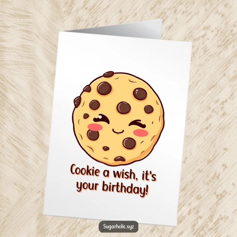 Funny Free Printable Birthday Card: A delighted cookie with chocolate chips winks mischievously.