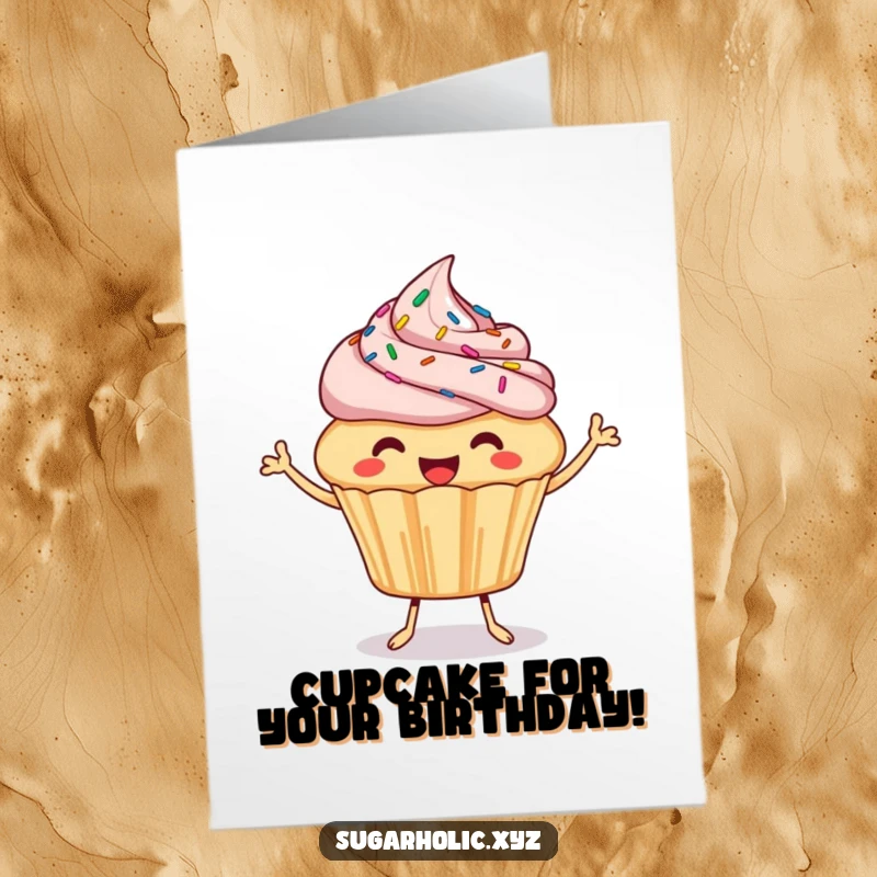 Funny free printable birthday card: a happy cupcake with sprinkles bouncing joyfully offering a bite for birthday.