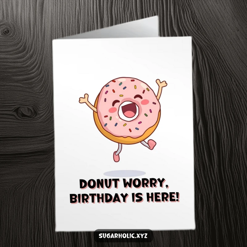 Funny Free Printable Birthday Card: An ecstatic donut covered in sprinkles leaping joyfully.