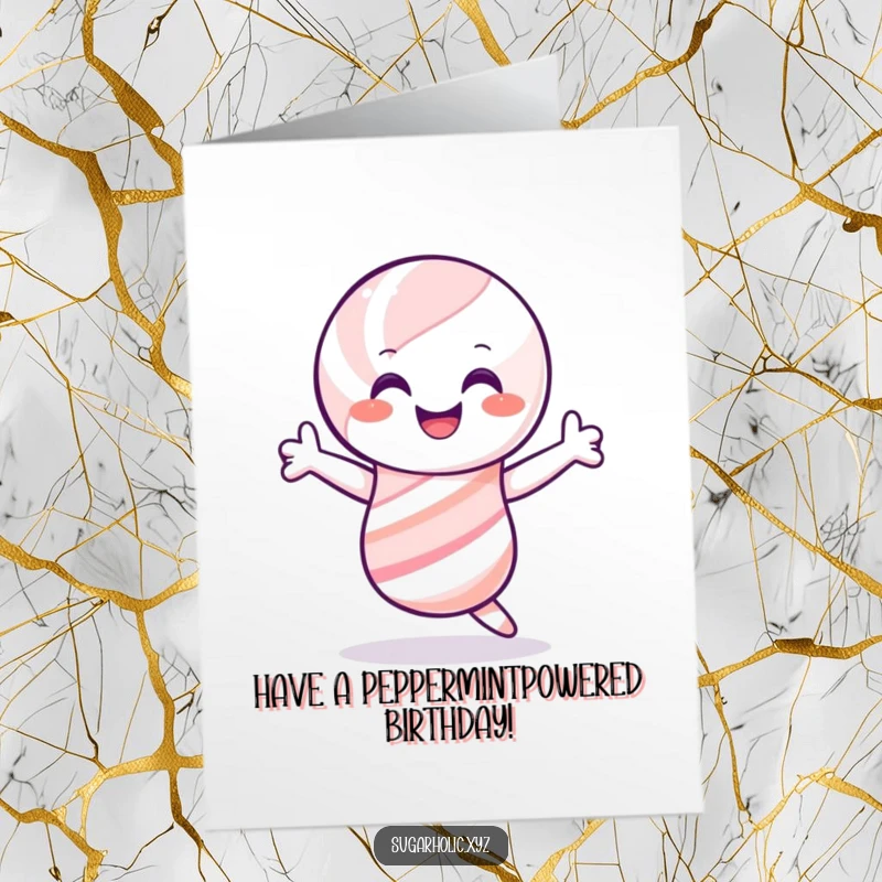 Funny Free Printable Birthday Card: Smiling candy cane character doing a joyful shimmy, perfect for a festive birthday greeting.