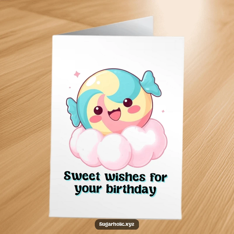Funny Free Printable Birthday Card: Delighted candy piece floating on a cloud of sugar, wishing sweet birthday joy.
