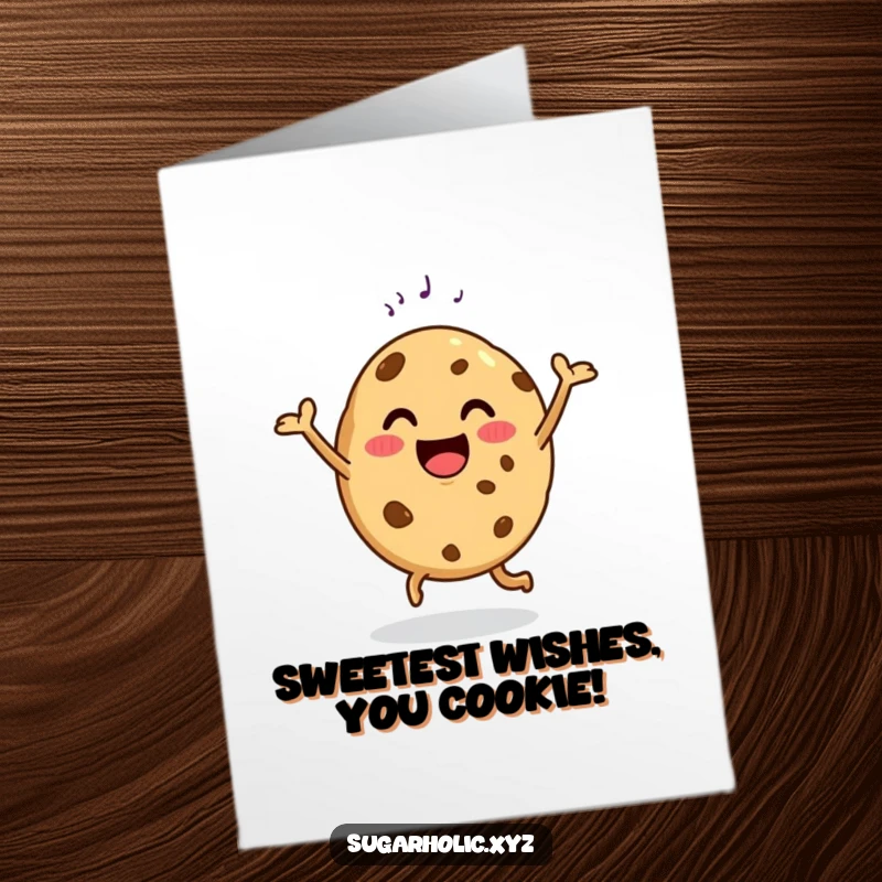 Funny Free Printable Birthday Card: A happy cookie doing a delighted dance while holding a sugar sprinkle, perfect for a joyful downloadable gift.