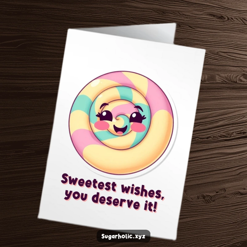 Funny Free Printable Birthday Card featuring a delighted candy swirl with a playful smile, ready to celebrate.