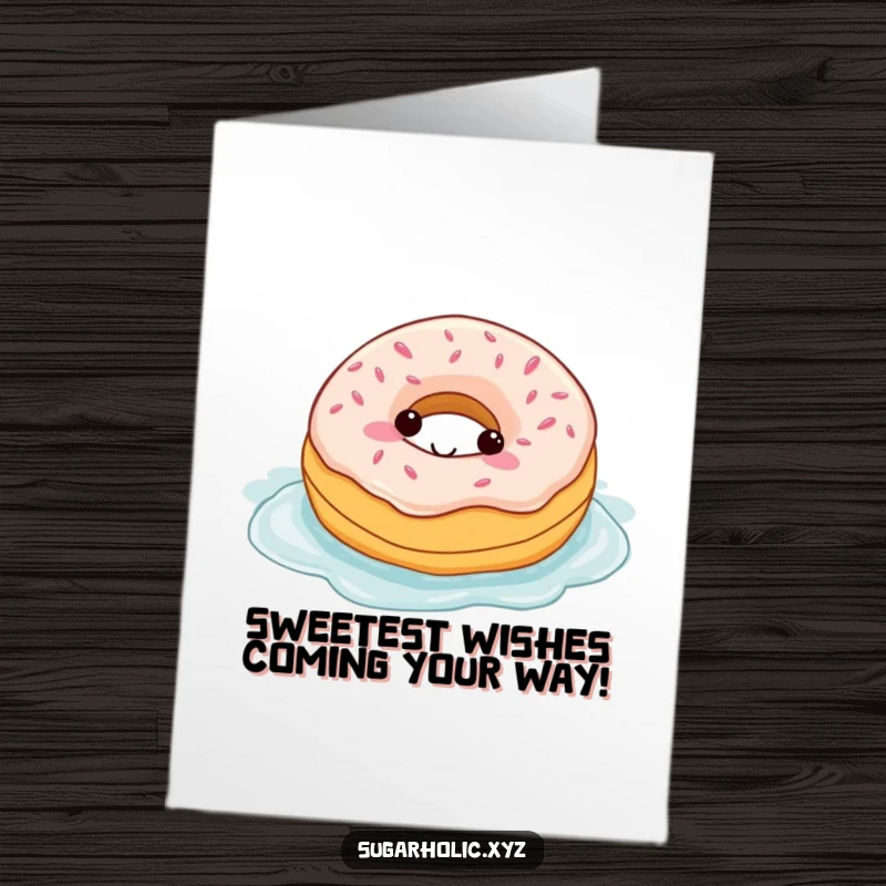 Funny free printable birthday card of a happy donut character joyfully swimming in a pool of delicious frosting.