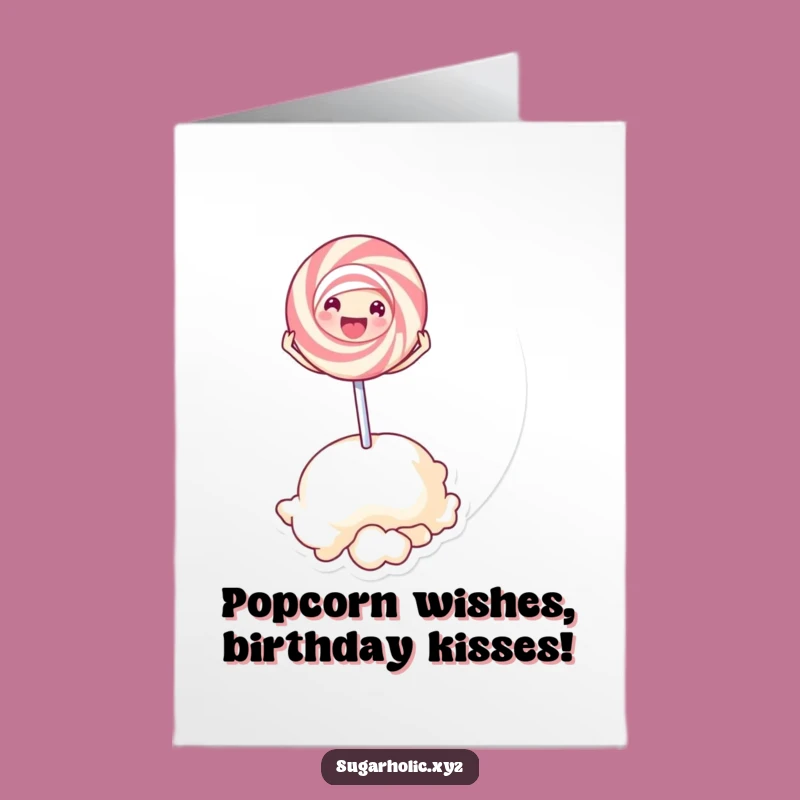 Free Printable Birthday Card: Funny Lollipop Character Bouncing on Popcorn Kernel
