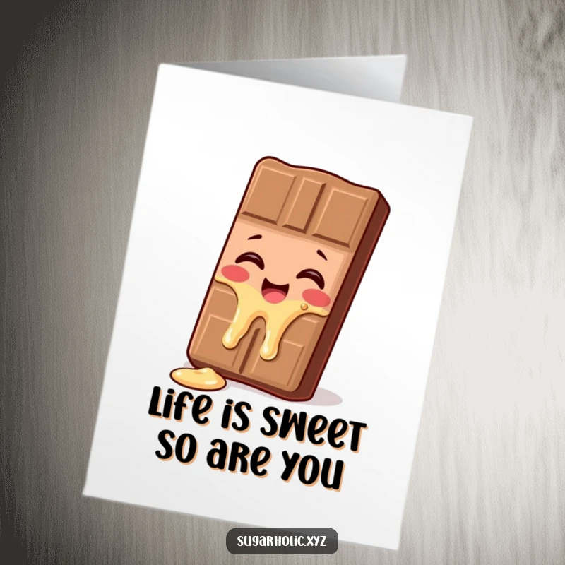 Funny Free Printable Birthday Card: Giggling chocolate bar melting with joy, offering a sweet and humorous celebration.