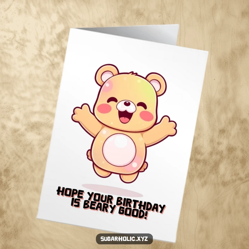 Funny Free Printable Birthday Card featuring a delighted gummy bear character doing an enthusiastic celebratory jump.