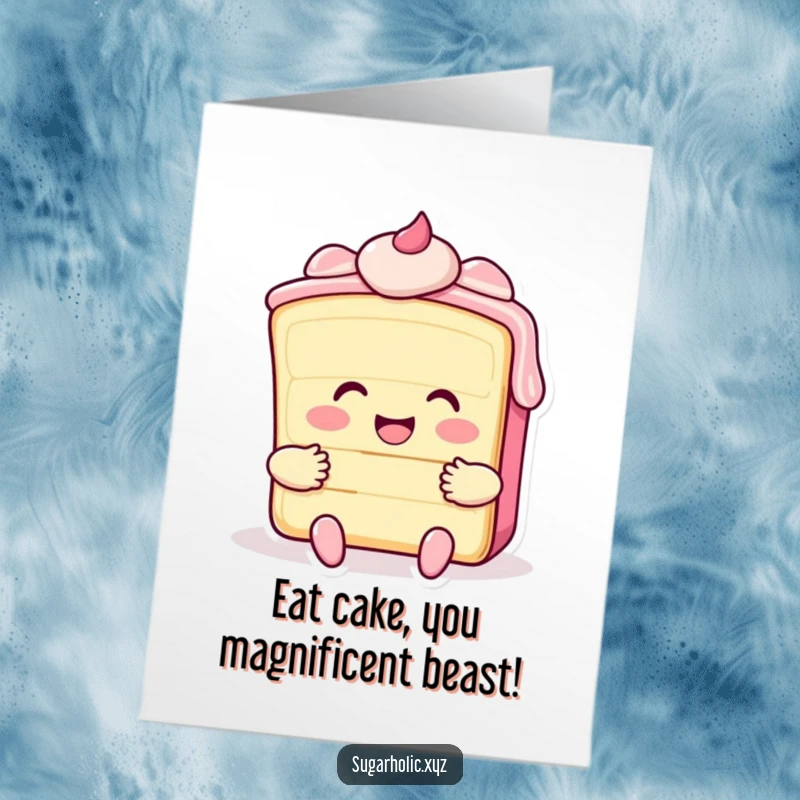 Funny Free Printable Birthday Card: Smiling cake slice with frosting giving a loving hug, perfect for a DIY gift.