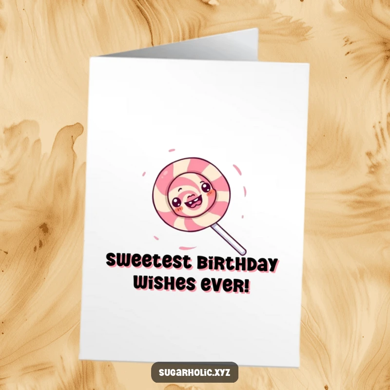 Funny Free Printable Birthday Card: A gleeful lollipop character spins rapidly, creating a vortex of colorful sugary delight, pure birthday fun.