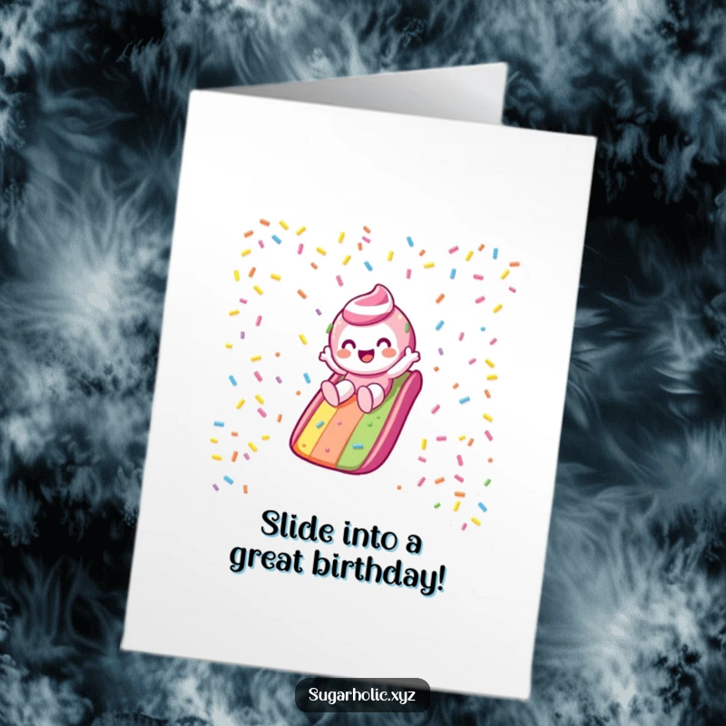 Funny Free Printable Birthday Card: A candy character gleefully slides down a vibrant rainbow sprinkle slide, bringing birthday joy.