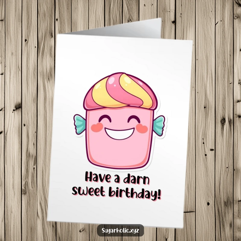 Funny Free Printable Birthday Card featuring a cheerful candy bar character with a wide, sweet, and infectious grin.