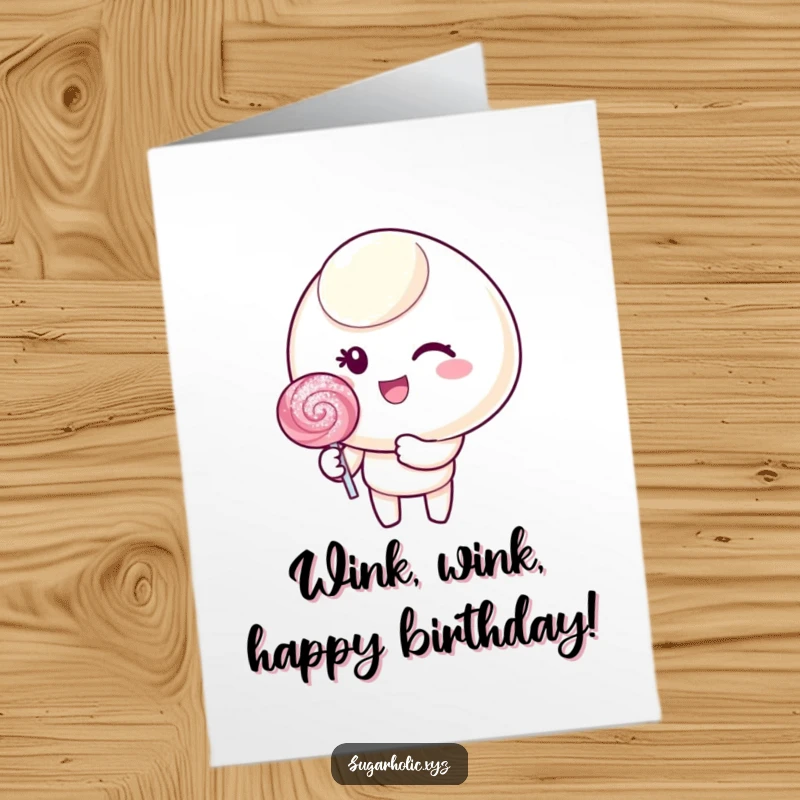 Funny free printable birthday card of a candy character with a cheerful wink, holding a sparkling, glittering lollipop.