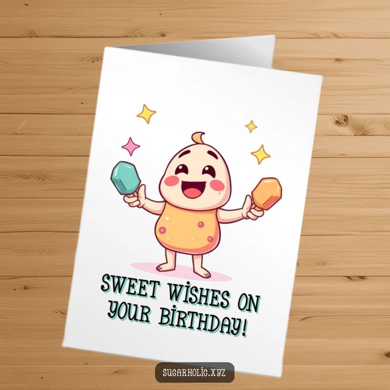 Funny free printable birthday card: A colorful candy character joyfully juggling three sparkling rock candies with a big smile.