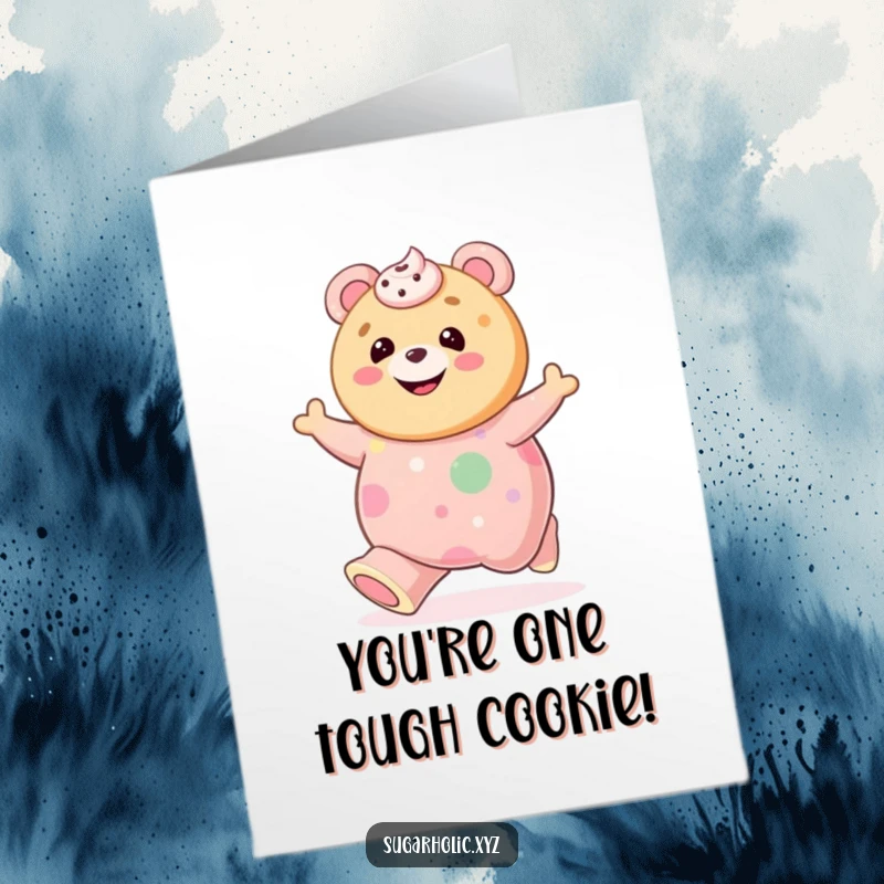 Funny Free Printable Birthday Card: A gleeful cookie with a frosting smile bounces high on a giant gummy bear.