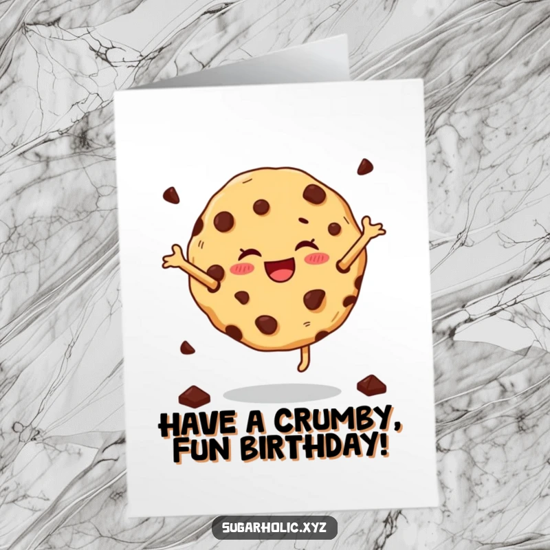 Funny Free Printable Birthday Card: A joyful cookie with chocolate chips doing a cartwheel, wishing a happy birthday. A fun DIY card.