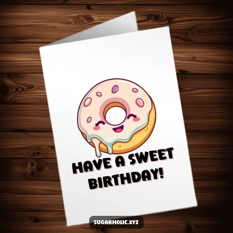 Funny free printable birthday card: a delighted donut with a glaze drip wiggling with glee for birthday.