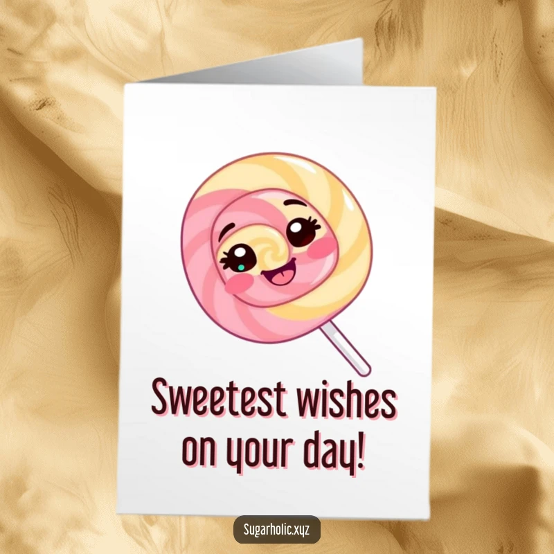 Funny free printable birthday card: a giggling lollipop spinning with a cheerful expression for a birthday.