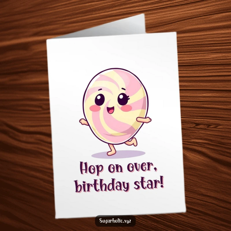 Funny Free Printable gumdrop character doing a happy hop, perfect for a kid's birthday card, print at home.