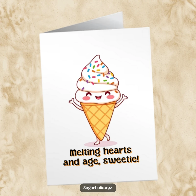 Funny Free Printable Birthday Card: A happy ice cream cone with sprinkles doing a silly jig, spreading birthday cheer. A delightful DIY gift.