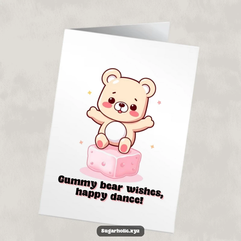 Funny free printable birthday card featuring a cheerful gummy bear character doing a silly dance on a floating sugar cube.