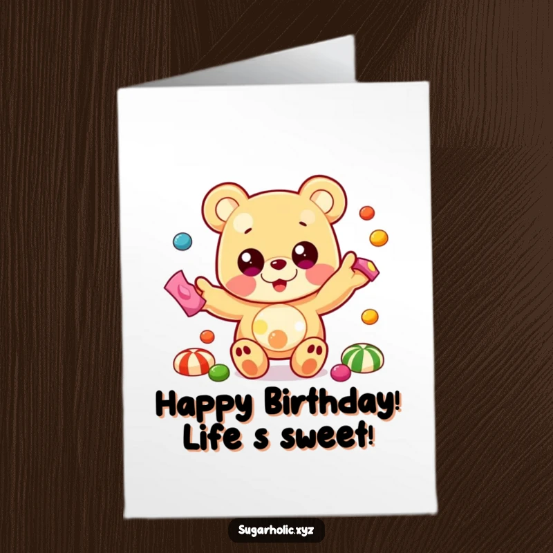 Funny free printable birthday card featuring a beaming gummy bear with big eyes, expertly juggling colorful candies.