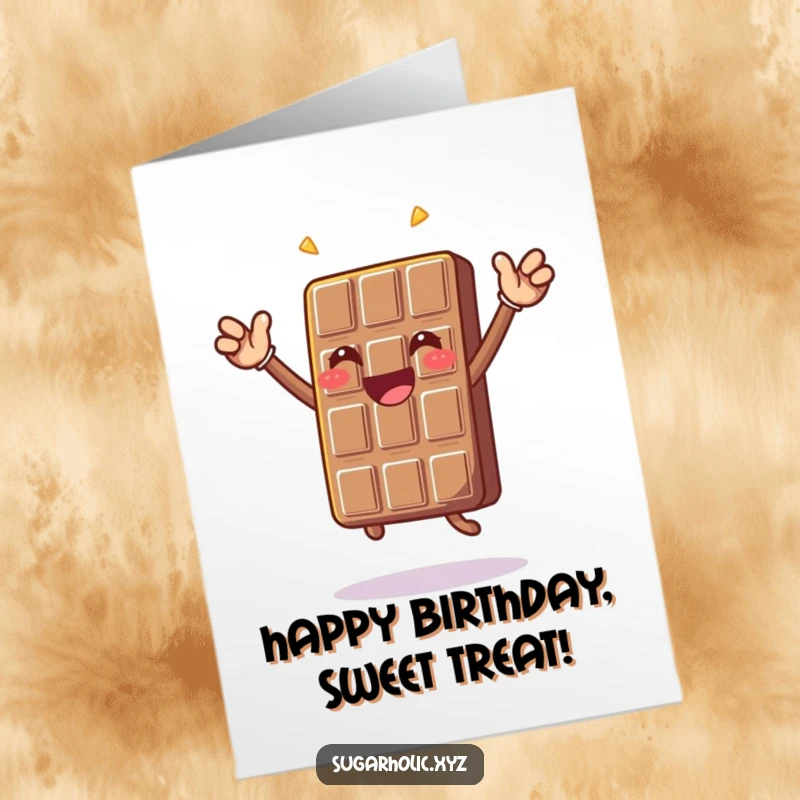 Funny free printable birthday card: A smiling chocolate bar character doing a big, happy celebratory jump with excitement.