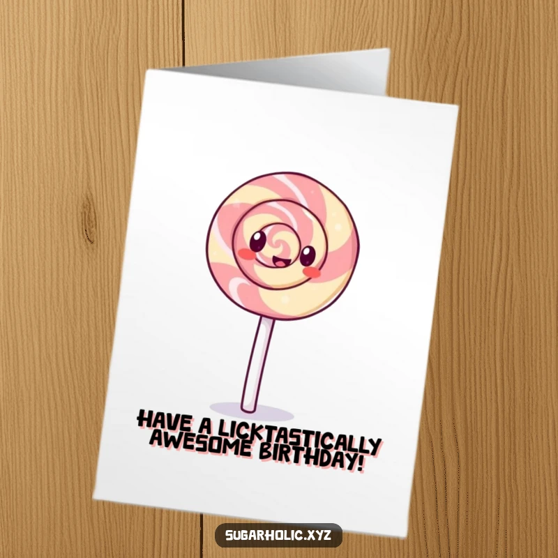 Funny Free Printable Birthday Card: A giggling lollipop with a colorful swirl pattern expertly performs a cartwheel.