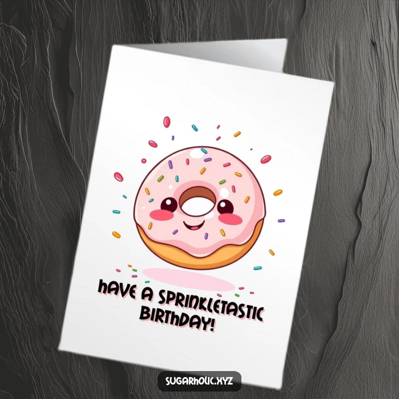 Funny Free Printable Birthday Card: Giddy doughnut character with sprinkles flying everywhere, celebrating a wild birthday.