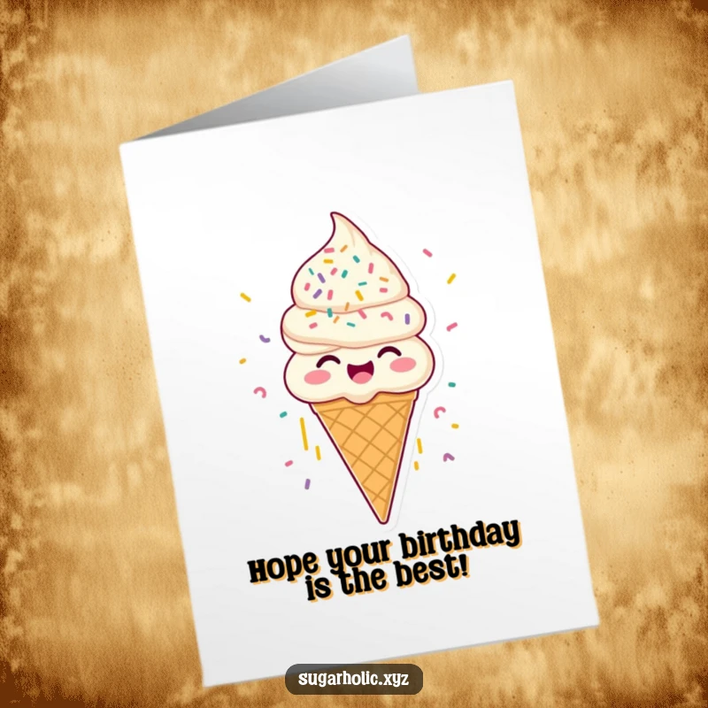 Funny Free Printable Birthday Card: Joyous ice cream cone character with sprinkles raining down, celebrating a cool birthday.