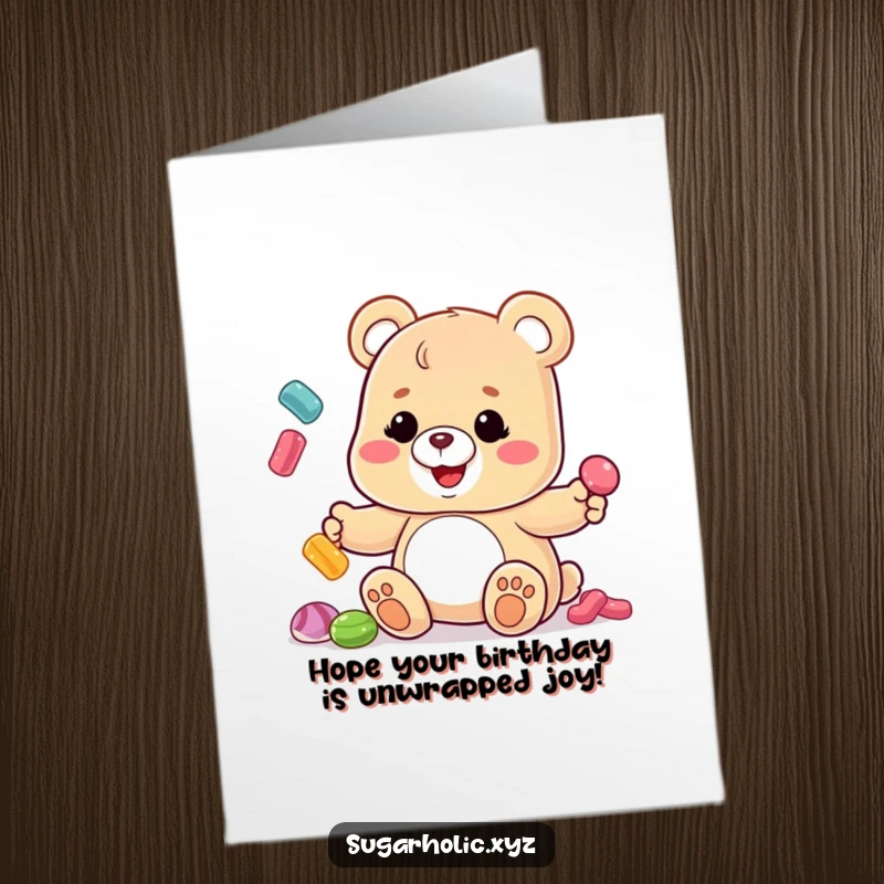Funny Free Printable Birthday Card: Gummy bear with a sticky grin juggling colorful candies, perfect for a laugh.