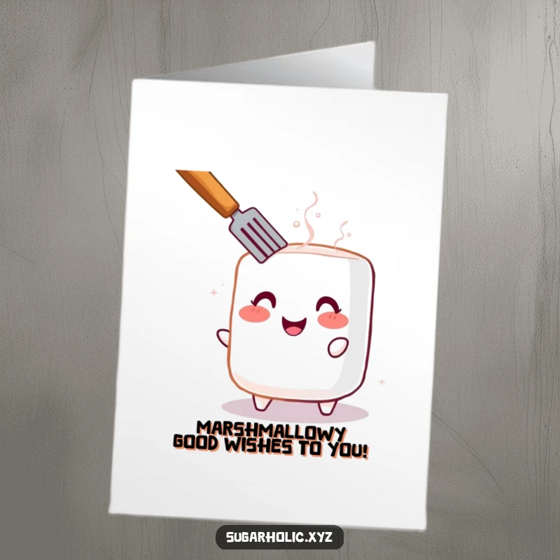 Funny Free Printable Birthday Card: Cheerful toasted marshmallow with rosy blush, ready to party and bring birthday laughs.