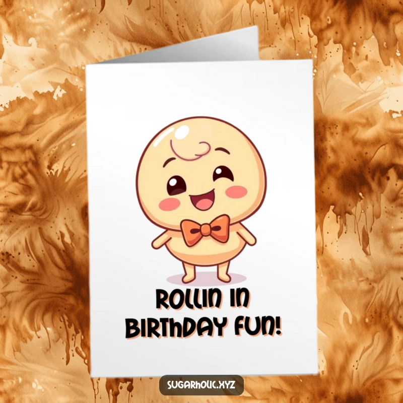 Funny Free Printable Birthday Card: Giggling caramel candy in a bow tie rolling with glee, spreading birthday cheer.