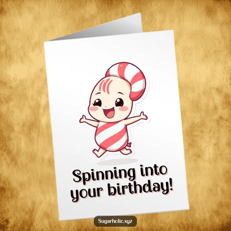 Funny Free Printable Birthday Card: A grinning candy cane character joyfully performs a playful spin, radiating festive energy and fun.