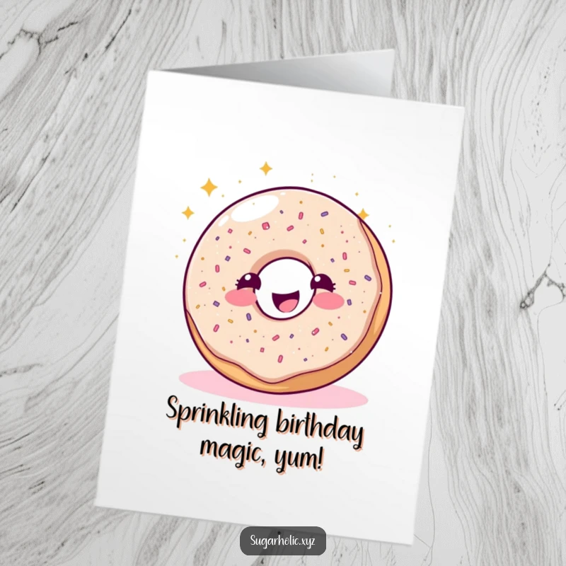 Funny Free Printable Birthday Card: A sparkling donut character joyfully sprinkles glitter, adding a touch of magic and sweetness.