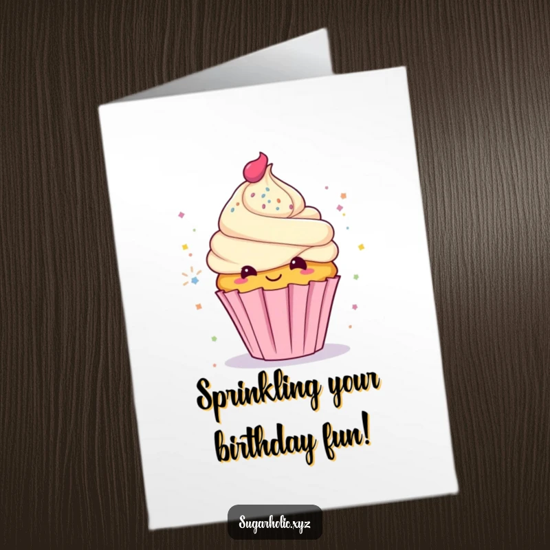 Funny Free Printable Birthday Card: A cupcake character with a mischievous grin tossing a cloud of glitter.