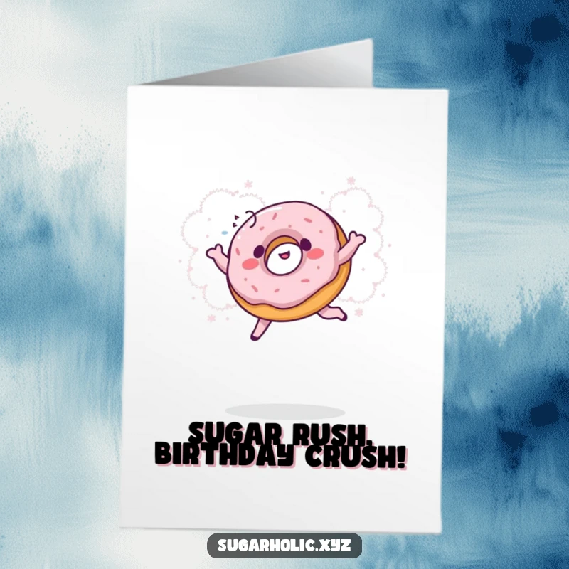 Funny Free Printable Birthday Card: A giggling donut joyfully leaps into a cloud of sweet powder, ready to party.