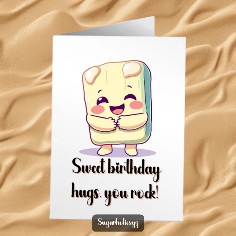 Funny free printable birthday card with a happy, melting candy bar character giving a big, warm hug.