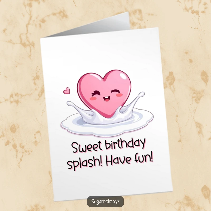 Funny Free Printable Birthday Card: A winking candy heart playfully splashing into a pool of sparkling sugar.