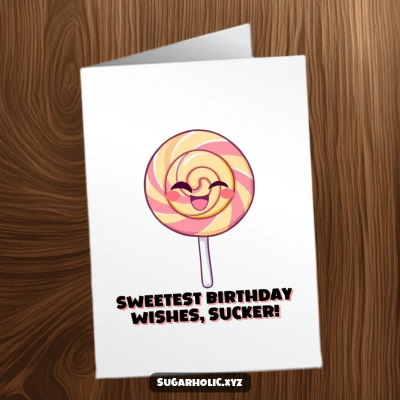 Funny Free Printable Birthday Card: Beaming lollipop character giving a confident, playful wink, radiating charm.