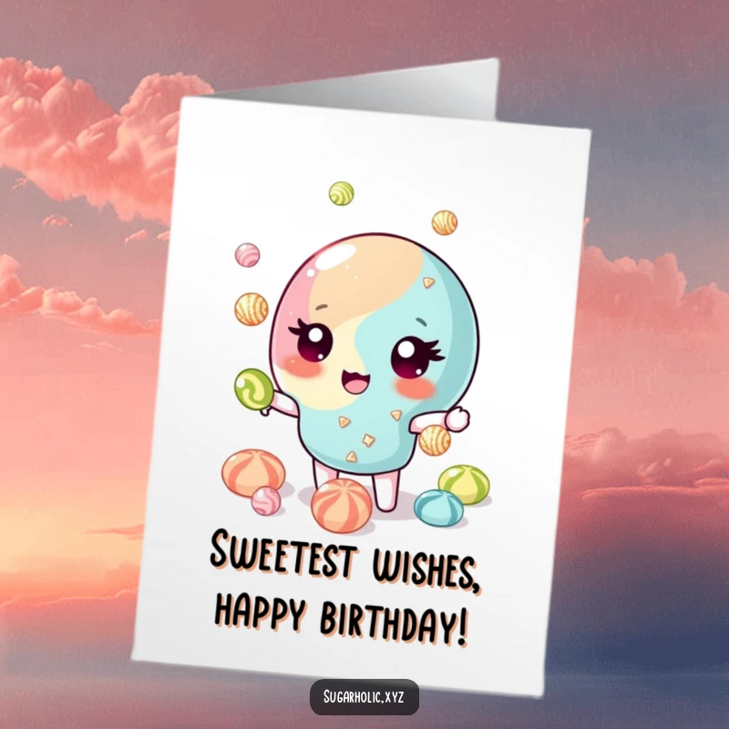 Funny Free Printable Birthday Card: Winking candy juggles glittering candies, a sweet and downloadable birthday wish.