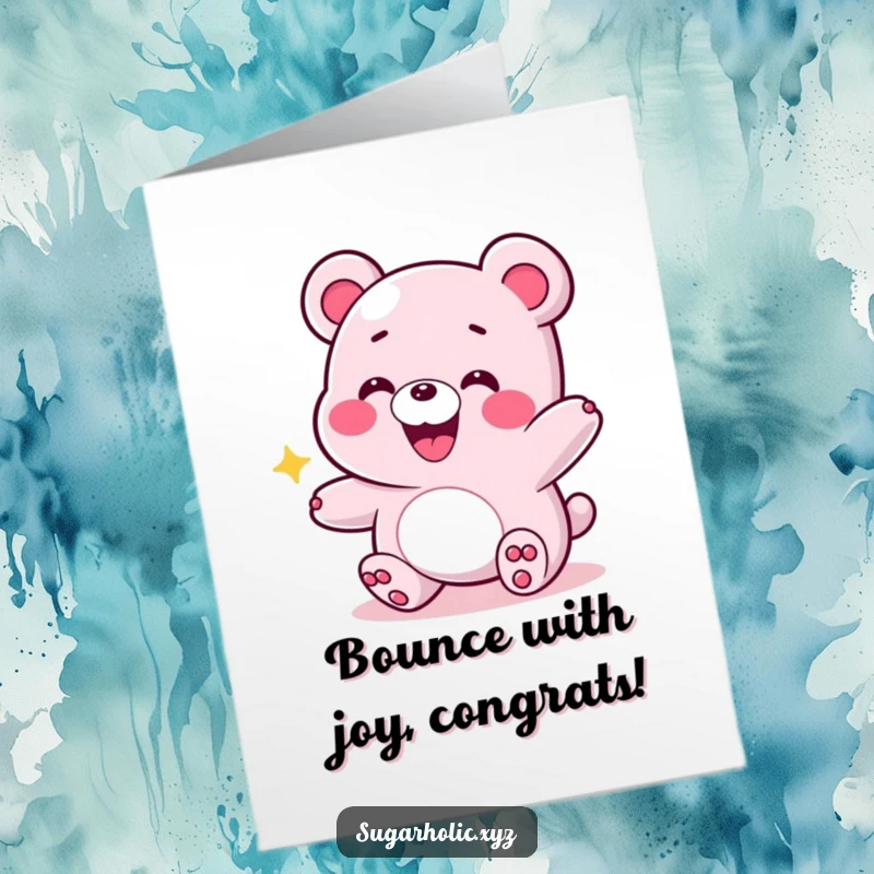 Free printable congratulations card with a grinning gummy bear bouncing energetically, a fun and celebratory gift.