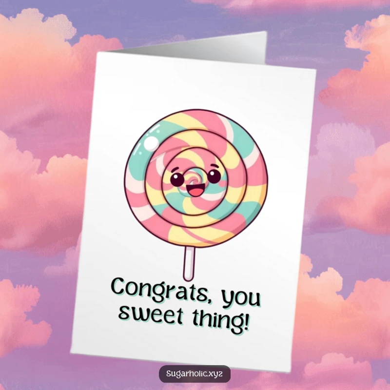 Free printable congratulations card with a happy, swirling lollipop spinning around, a sweet and celebratory gift.
