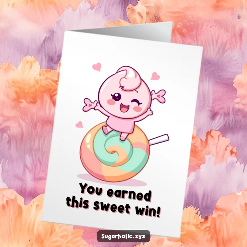 Funny Free Printable Congratulations Card: A happy candy character bounces energetically on a huge lollipop, celebrating a wonderful success.