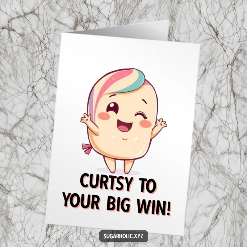 Funny Free Printable Congrats Card: A smiling candy doing an elegant, flamboyant curtsy to convey congratulations with flair.