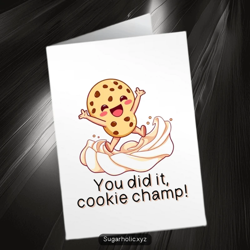 Funny Free Printable Congratulations Card: A delighted cookie character making a playful leap into a luscious swirl of frosting.